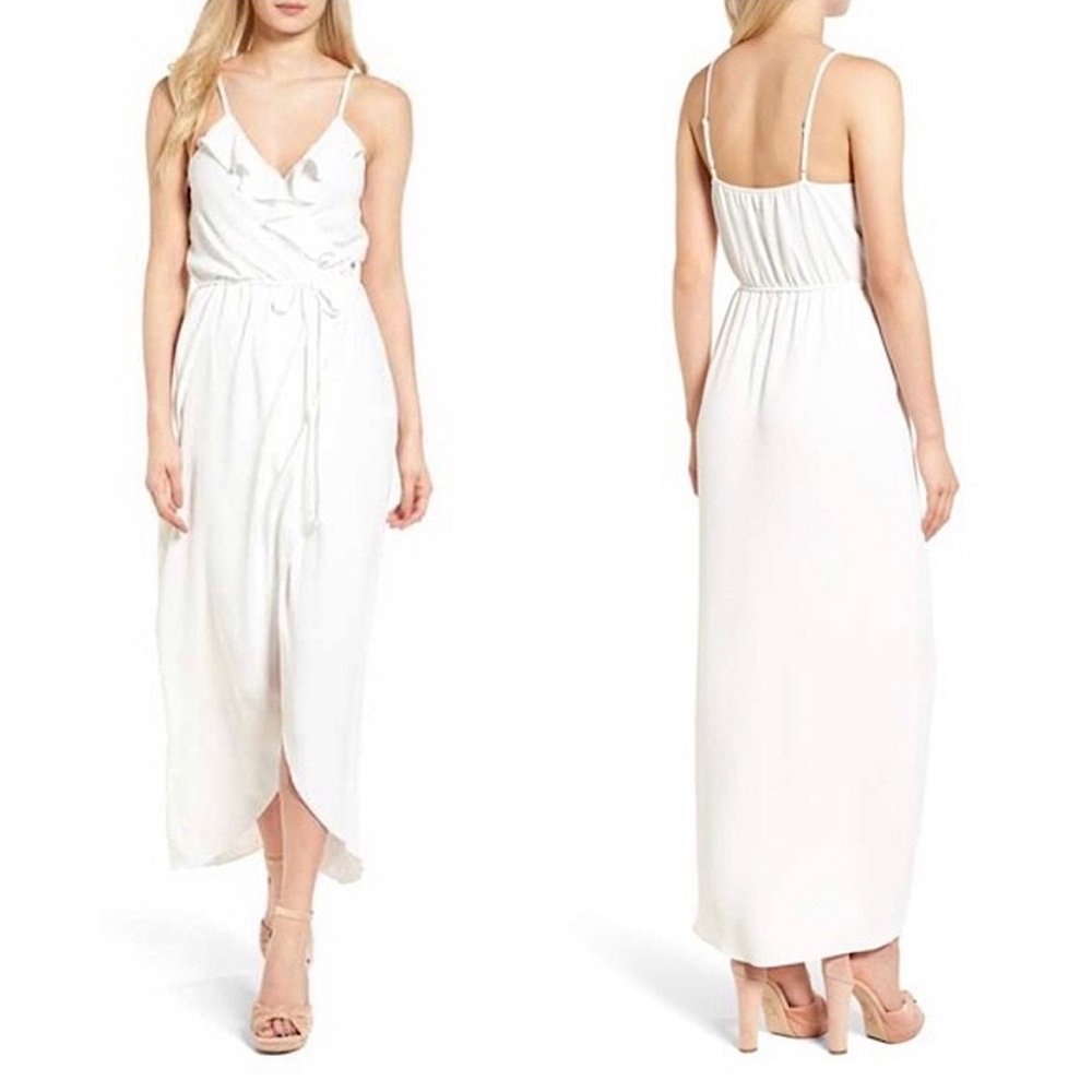 Everly Ruffle Front Tie Waist Mock Wrap Slit Maxi Dress White Large Resort Party - Picture 12 of 13